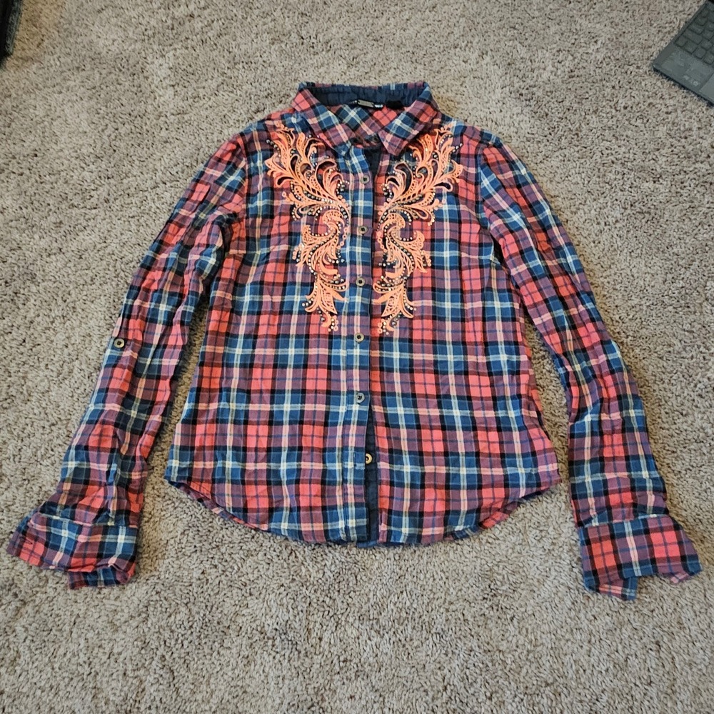 Miss Me Plaid Button Down Shirt Women S Western‎ Lace Rhinestone Glam Cowgirl